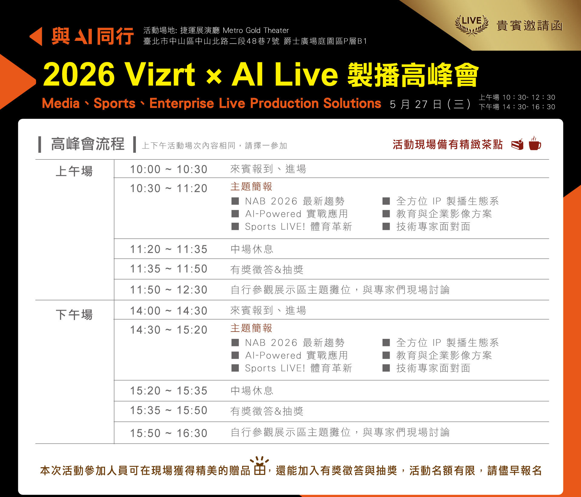 
	  高峰會議程：
	  上午場 10：30- 12：30
	  10:00-10:30 來賓入場
	  10:30-11:20 主題簡報
	  11:20-11:35 中場休息
	  11:35-11:50 有獎徵答&抽獎
	  11:50-12:30 自行參觀
	  
	  下午場 14：30- 16：30
	  14:00-14:30 來賓入場
	  14:30-15:20 主題簡報
	  15:20-15:35 中場休息
	  15:35-16:50 有獎徵答&抽獎
	  15:50-16:30 自行參觀
        
